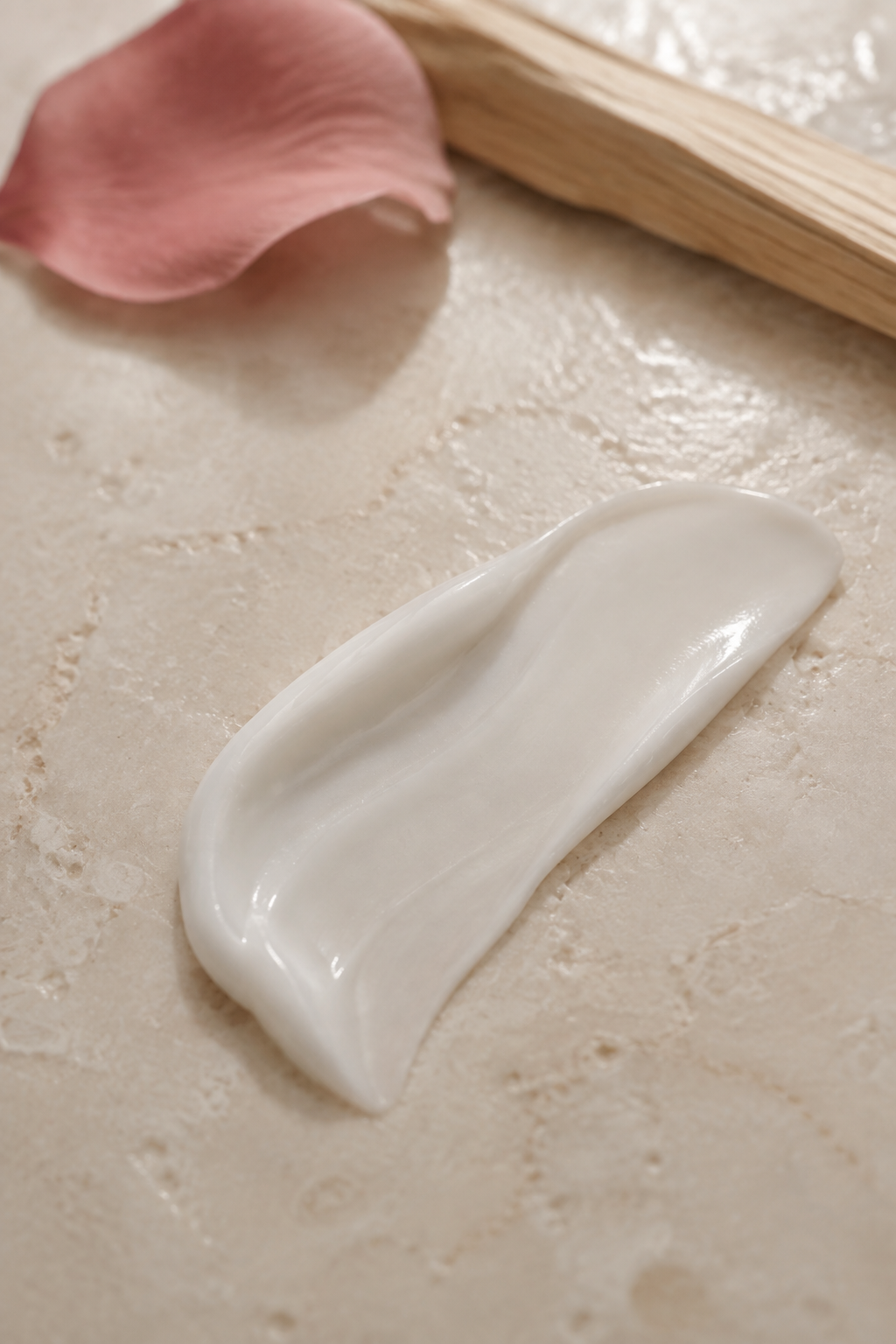 A silky ribbon of pearl-white body lotion with a rose petal and pale wood