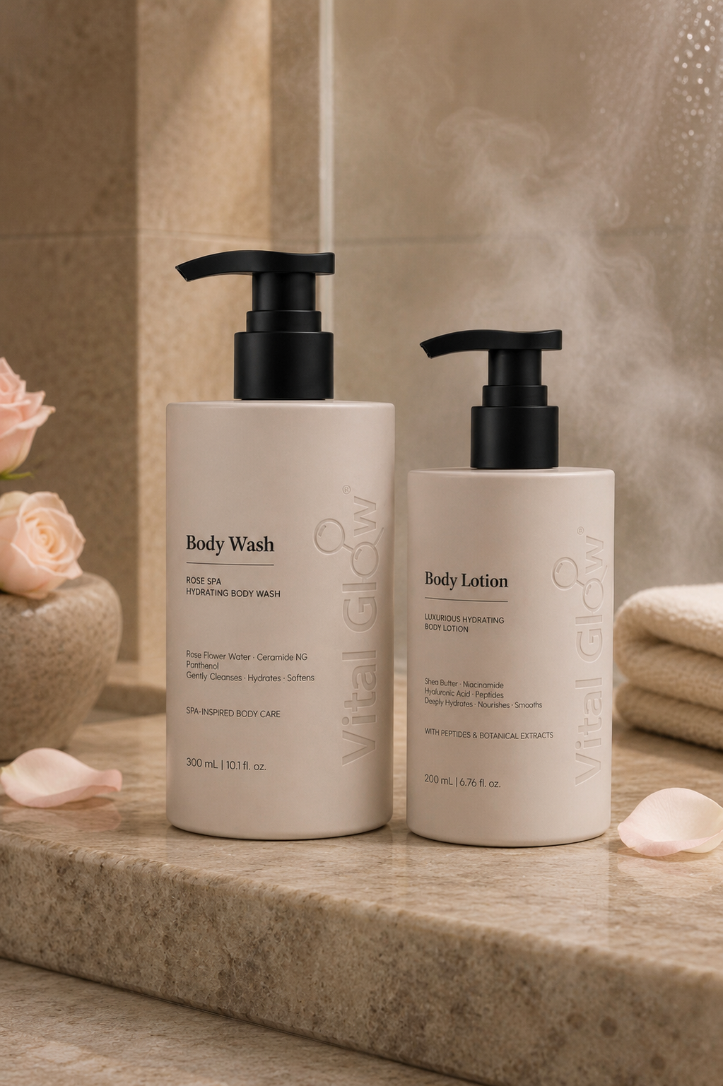 Vital Glow Rose Spa Hydrating Body Wash and Body Lotion together
