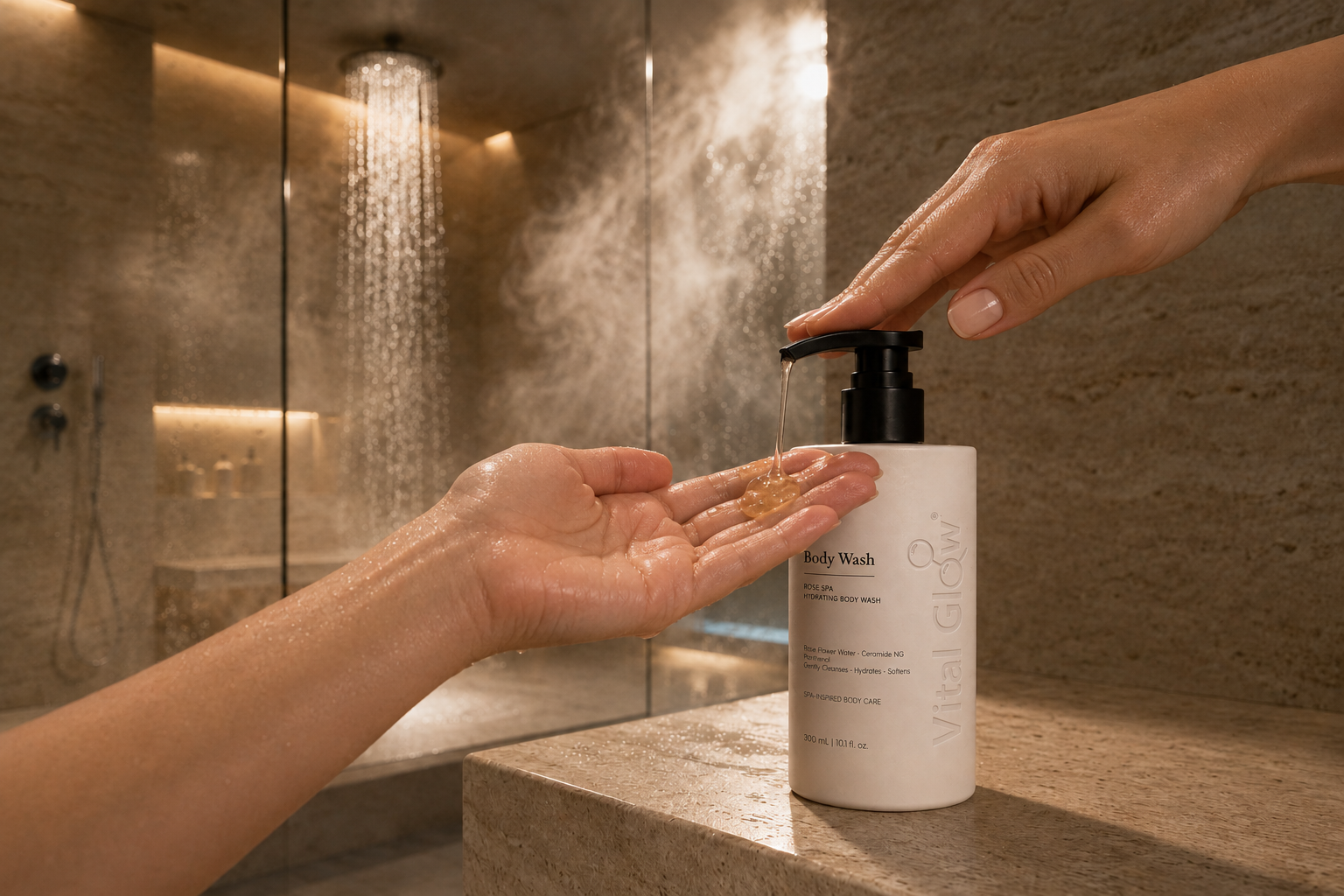 Vital Glow Body Wash being dispensed as fine lather develops